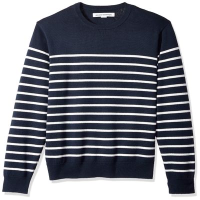 Amazon Essentials Men's Long-Sleeve Crewneck Sweater, 100% Cotton, Big & Tall Options Available, Dark Navy White Stripe, Medium