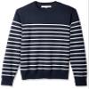 Amazon Essentials Men's Long-Sleeve Crewneck Sweater, 100% Cotton, Big & Tall Options Available, Dark Navy White Stripe, Medium view 1