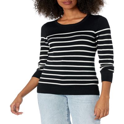 Amazon Essentials Women's Long-Sleeve Lightweight Crewneck Sweater (Available in Plus Size), Black Grey White Stripe, XX-Large