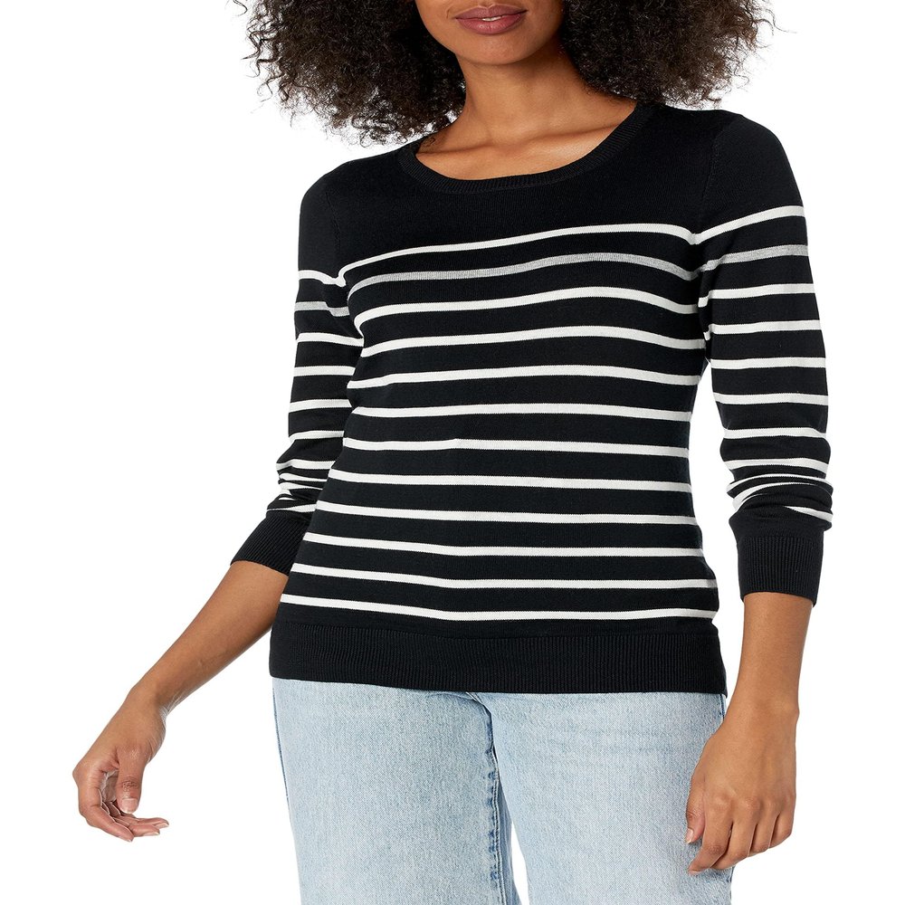 Amazon Essentials Women's Long-Sleeve Lightweight Crewneck Sweater (Available in Plus Size), Black Grey White Stripe, XX-Large