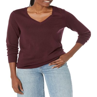 Amazon Essentials Women's Regular-Fit Lightweight Long-Sleeve V-Neck Sweater (Available in Plus Size), Dark Burgundy, Medium