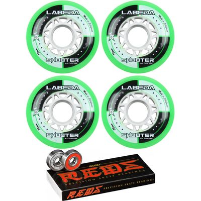Labeda Shooter Inline Roller Hockey Wheels Green 76mm (4 Pack) with Bones Reds Bearings (72mm)