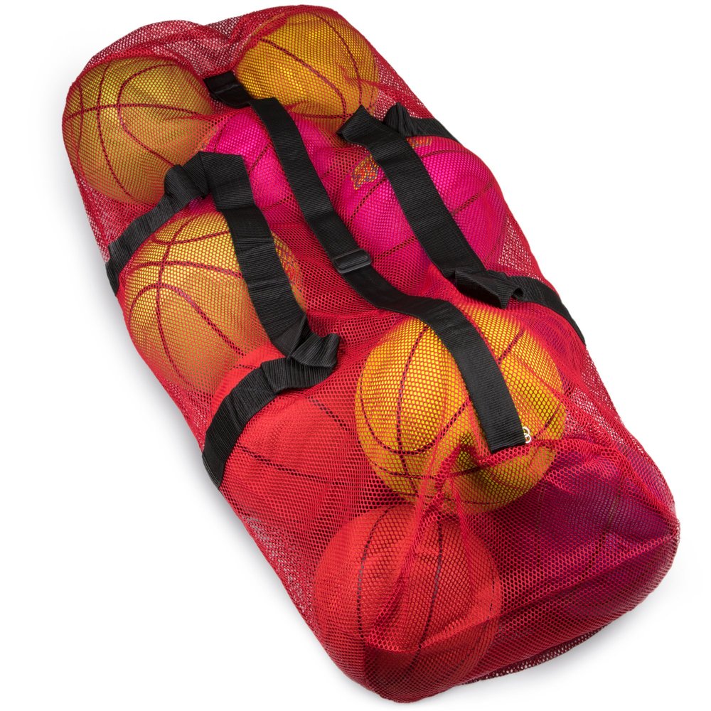 Crown Sporting Goods 39" Mesh Sports Ball Bag with Adjustable Shoulder Strap, Oversize Duffle - Great for Carrying Gym Equipment, Jerseys, & Laundry (Red)
