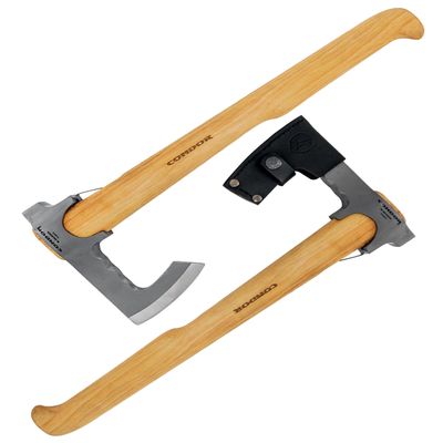Condor Tool & Knife TravelHawk Axe - Handcrafted Leather Sheath - 1060 High Carbon Steel Camping Axe with a Light Wooden Hickory Handle - 6.6in Blade - 30.3oz
