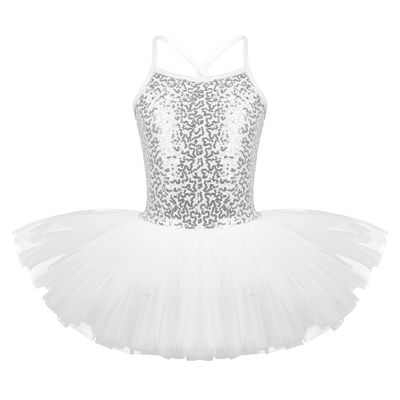 dPois Kids Girls' Spaghetti Straps Shiny Sequined Ballet Dance Leotard Tutu Dress Skirt Dancewear White 5-6