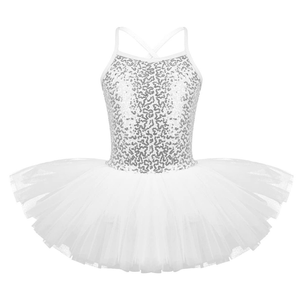 dPois Kids Girls' Spaghetti Straps Shiny Sequined Ballet Dance Leotard Tutu Dress Skirt Dancewear White 5-6