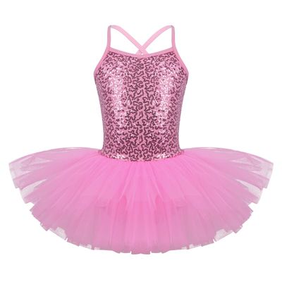 dPois Kids Girls' Spaghetti Straps Shiny Sequined Ballet Dance Leotard Tutu Dress Skirt Dancewear Pink 5-6
