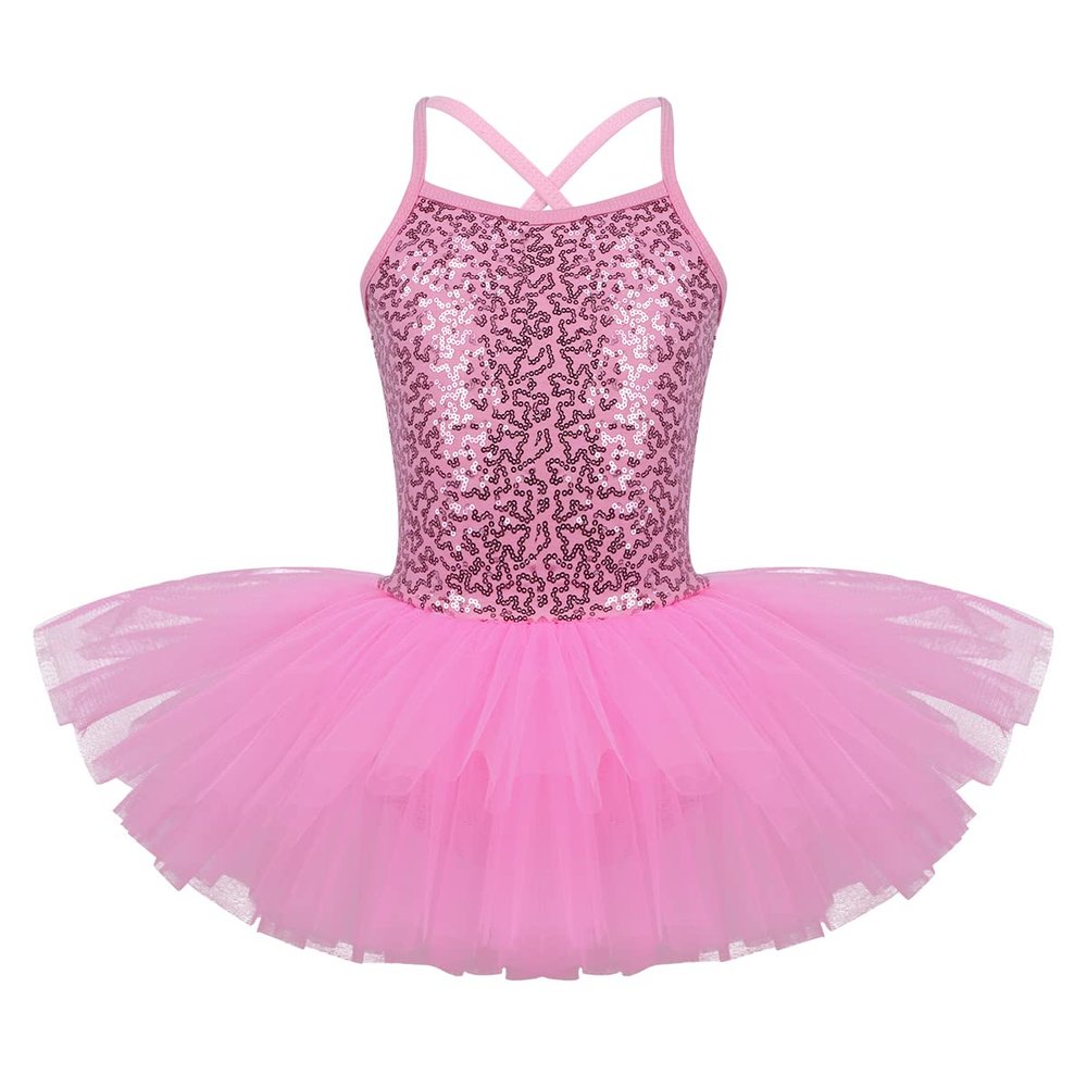 dPois Kids Girls' Spaghetti Straps Shiny Sequined Ballet Dance Leotard Tutu Dress Skirt Dancewear Pink 5-6