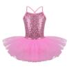 dPois Kids Girls' Spaghetti Straps Shiny Sequined Ballet Dance Leotard Tutu Dress Skirt Dancewear Pink 5-6 view 1