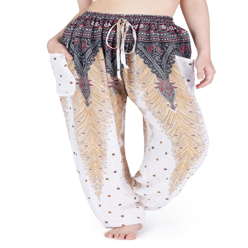 Lannaclothesdesign Harem Pants for Womens Summer Clothes Boho Hippie Linen Pants Women (M, White)