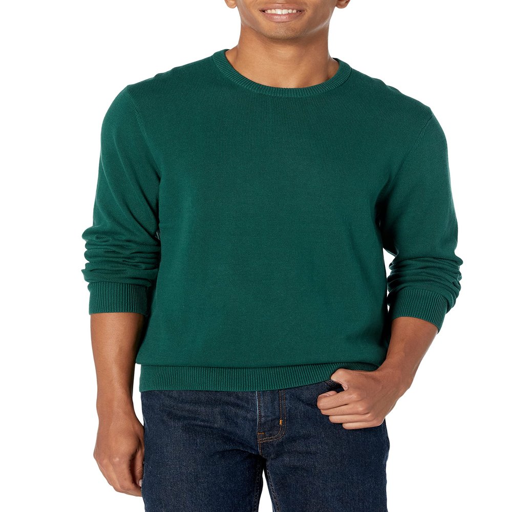 Amazon Essentials Men's Long-Sleeve Crewneck Sweater, 100% Cotton, Big & Tall Options Available, Dark Green, Small