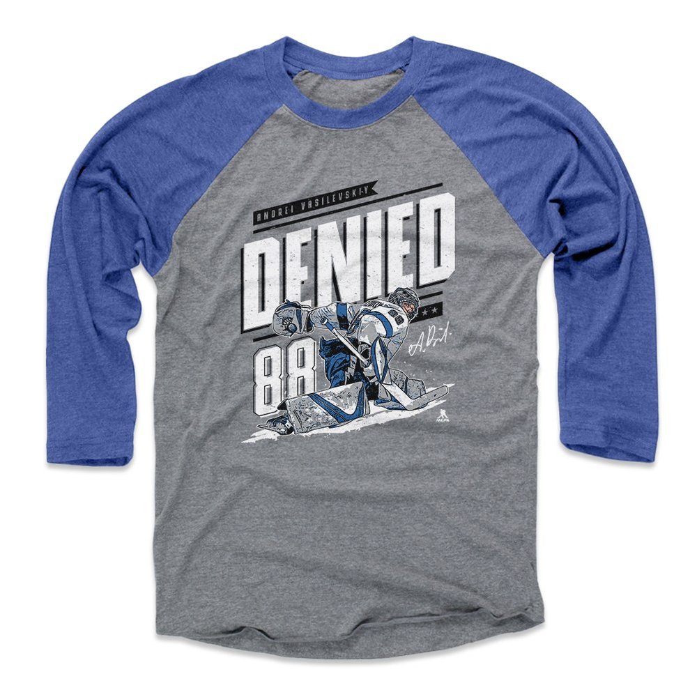 500 LEVEL Andrei Vasilevskiy 3/4 Sleeve T-Shirt (Baseball Tee, XXX-Large, Royal/Heather Gray) - Andrei Vasilevskiy Behind The Back Save W WHT