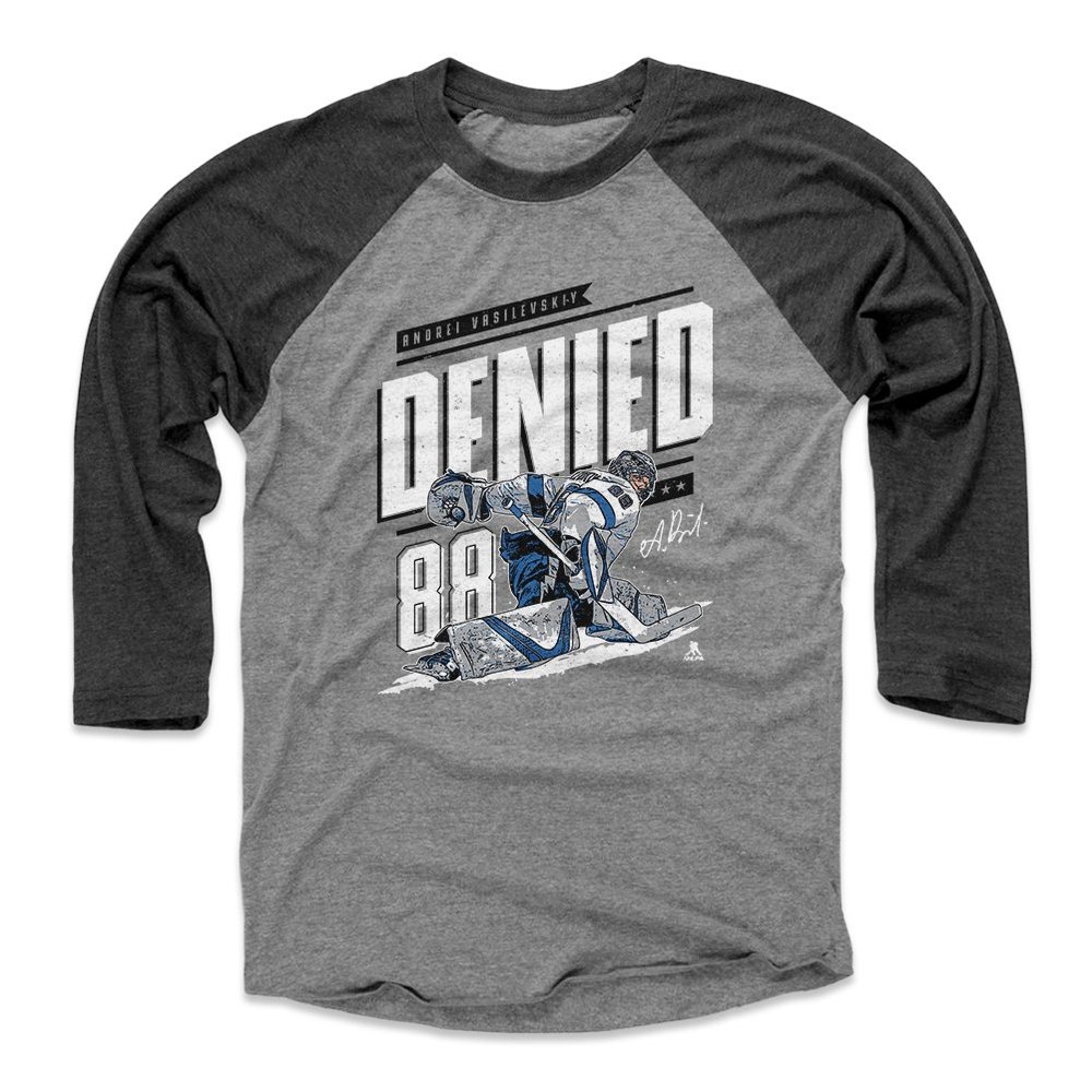 500 LEVEL Andrei Vasilevskiy 3/4 Sleeve T-Shirt (Baseball Tee, XXX-Large, Black/Heather Gray) - Andrei Vasilevskiy Behind The Back Save W WHT