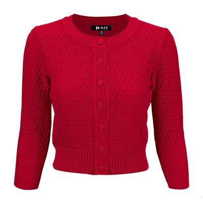 YEMAK Women's Cropped Cardigan Sweater  3/4 Sleeve Crewneck Basic Classic Casual Button Down Soft Crochet Knit Top MK3514-RED-S