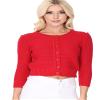 YEMAK Women's Cropped Cardigan Sweater  3/4 Sleeve Crewneck Basic Classic Casual Button Down Soft Crochet Knit Top MK3514-RED-S view 4