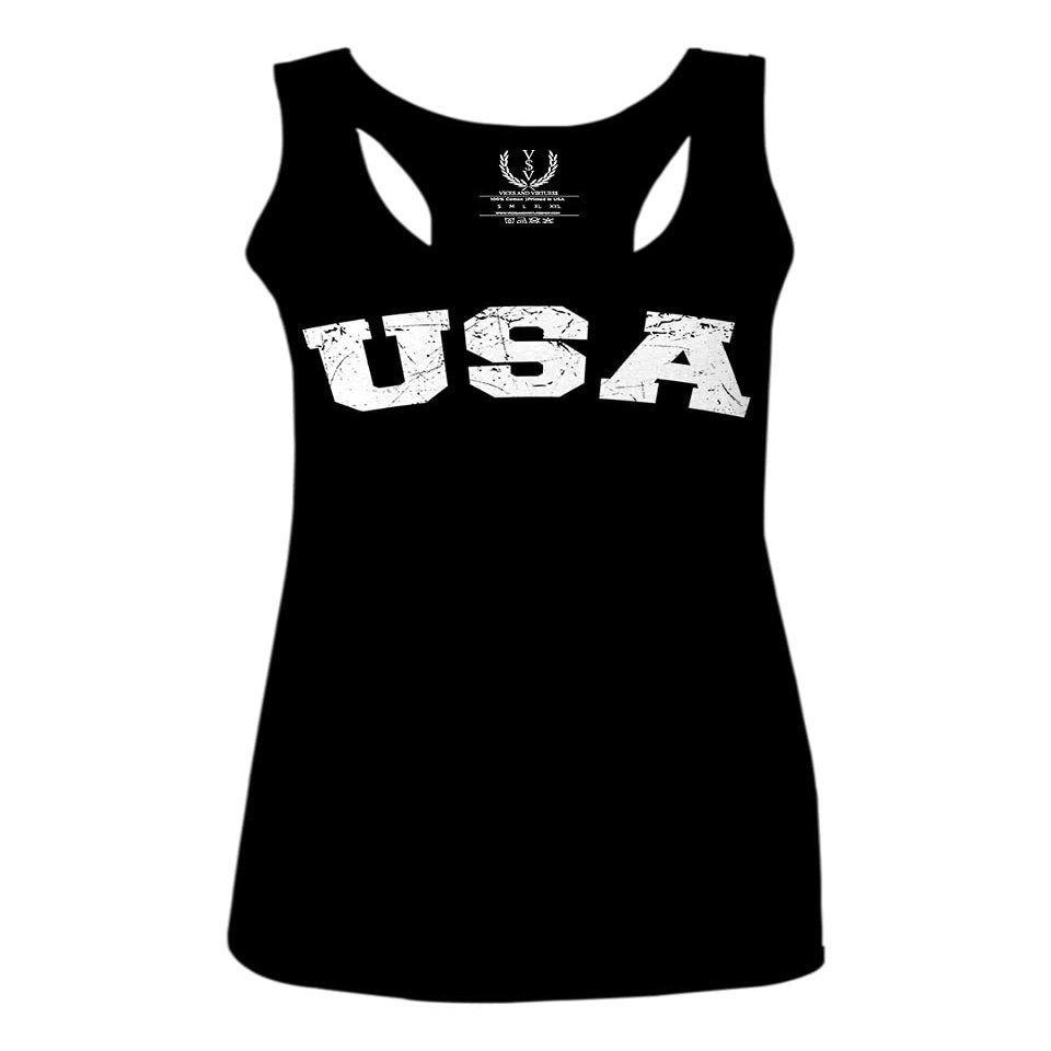 0089. Vintage Graphic USA Fonts American United States of America Military Patriotic Style Women's Tank Top Racerback (Black, Medium)