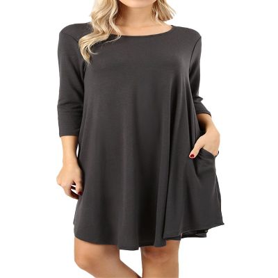 Women Sweater Fabric 3/4 Sleeve Round Hem A-Line Mini Dress With Side Pockets