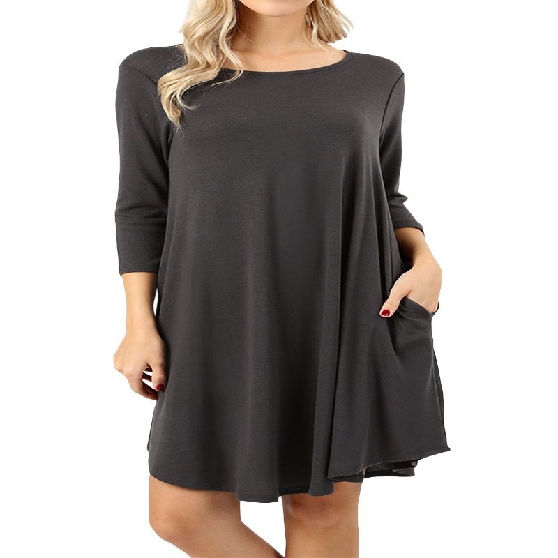 Women Sweater Fabric 3/4 Sleeve Round Hem A-Line Mini Dress With Side Pockets