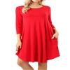 Women Sweater Fabric 3/4 Sleeve Round Hem A-Line Mini Dress With Side Pockets view 4