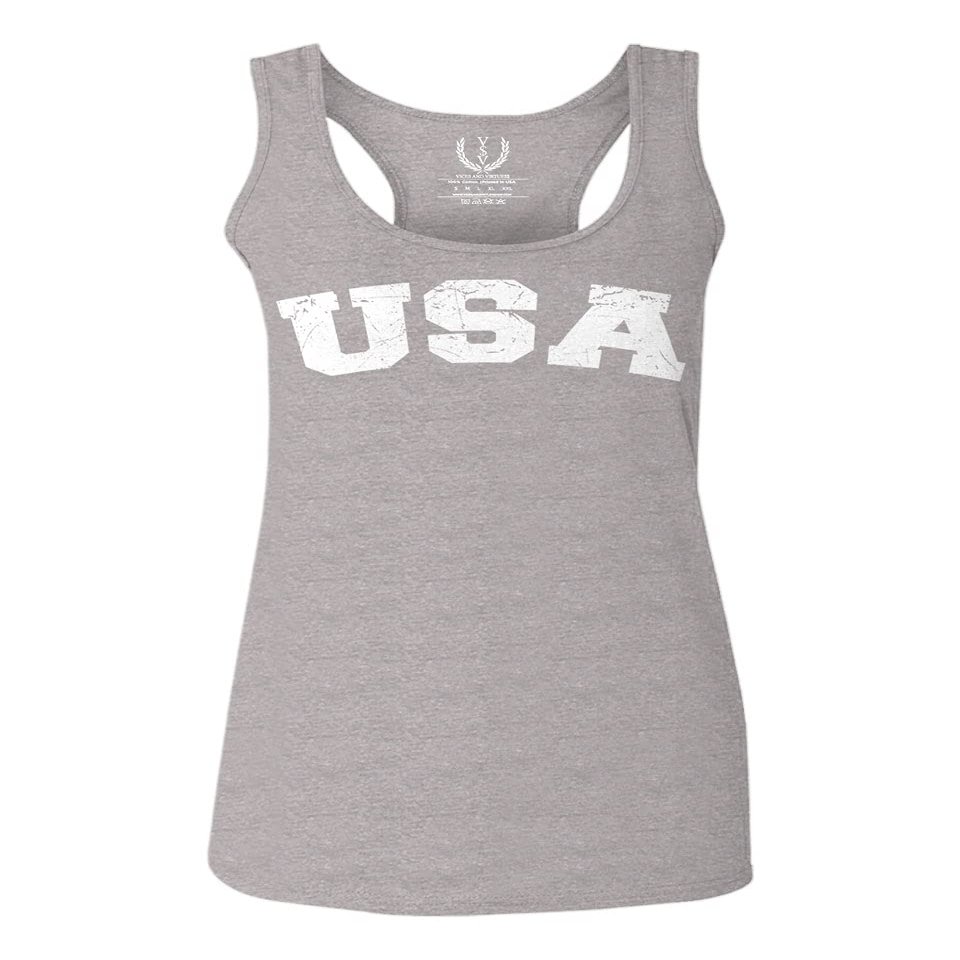 0089. Vintage Graphic USA Fonts American United States of America Military Patriotic Style Women's Tank Top Racerback (Light Gray Large)