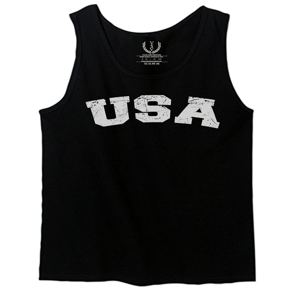 0089. Vintage Graphic USA Fonts American United States of America Military Patriotic Style Men's Tank Top (Black, X-Large)