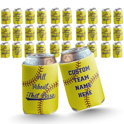 VictoryStore Custom Softball Team Can Coolers All About the Base Design with Personalized Text Fits 12 oz Cans & Bottles Foldable Insulated Drink Sleeves Made in USA, Set of 12