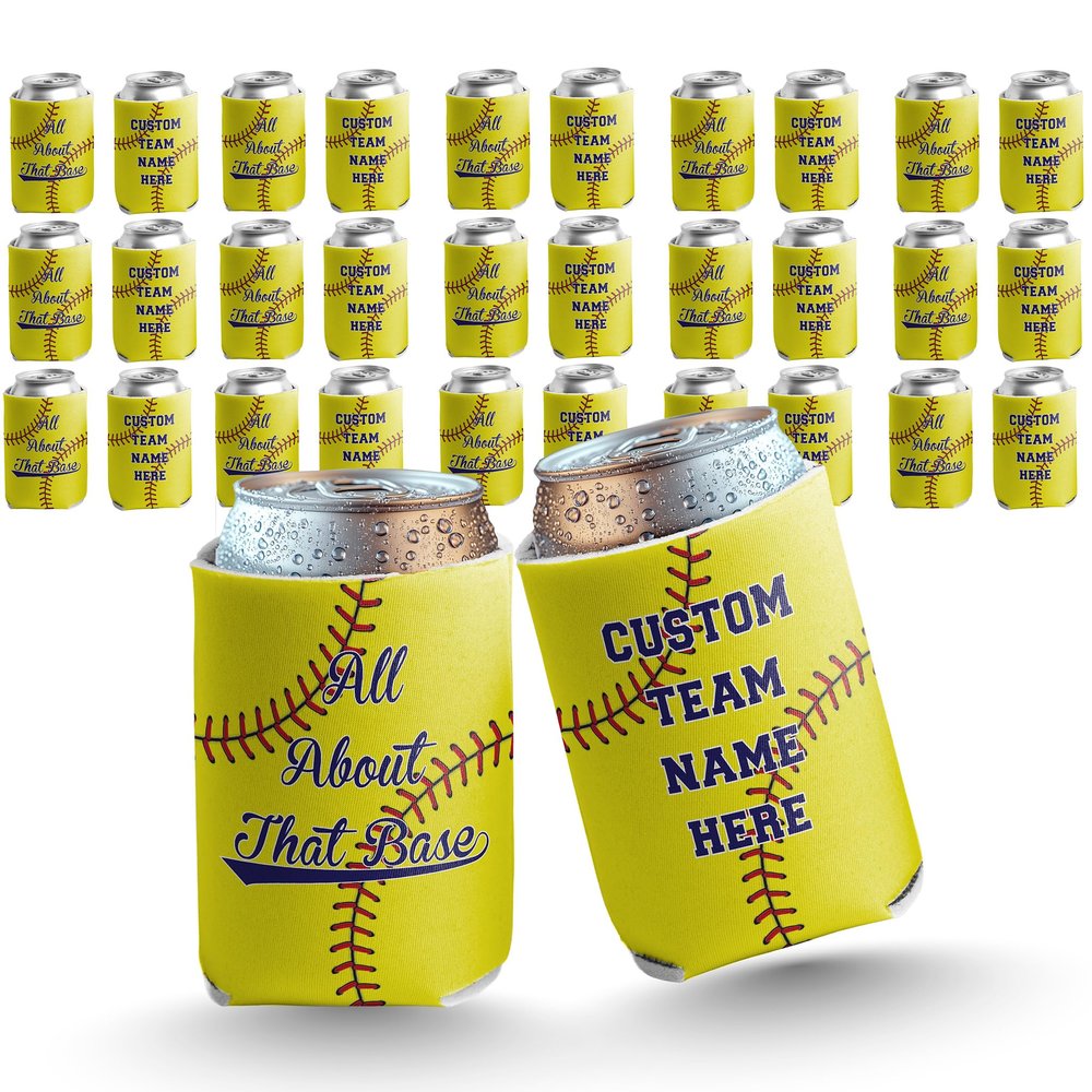 VictoryStore Custom Softball Team Can Coolers All About the Base Design with Personalized Text Fits 12 oz Cans & Bottles Foldable Insulated Drink Sleeves Made in USA, Set of 12