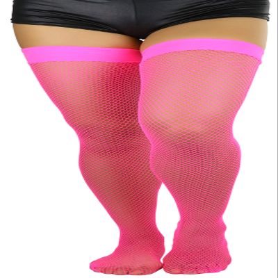 ToBeInStyle Womens Sexy Nylon Versatile Fine Fishnet Thigh High Stockings w/Opaque Band - Neon Pink - One Size