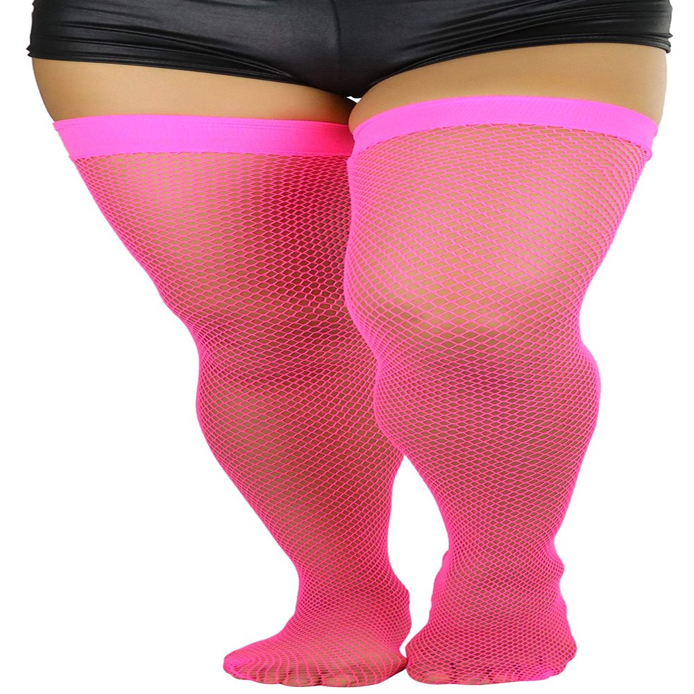 ToBeInStyle Womens Sexy Nylon Versatile Fine Fishnet Thigh High Stockings w/Opaque Band - Neon Pink - One Size