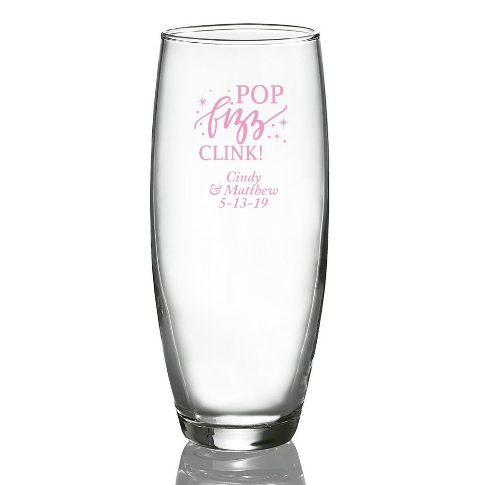 Personalized Color Printed Stemless Champagne Glass - Pop Fizz Clink - Pink - 24 pack
