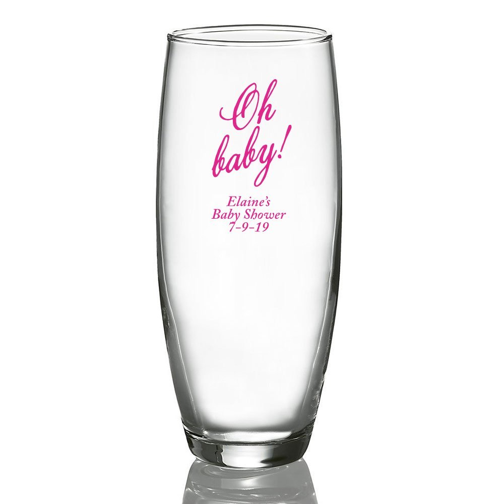 Personalized Color Printed Stemless Champagne Glass - Oh Baby - Fuchsia - 24 pack