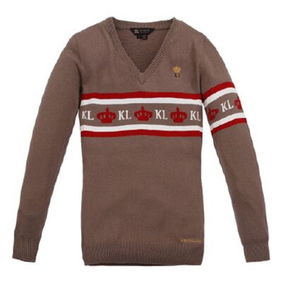 KINGSLAND EQUESTRIAN APPAREL Mimosa Ladies Sweater with V-Neck in Beige with Red and White Accent Large (123-KN-272)