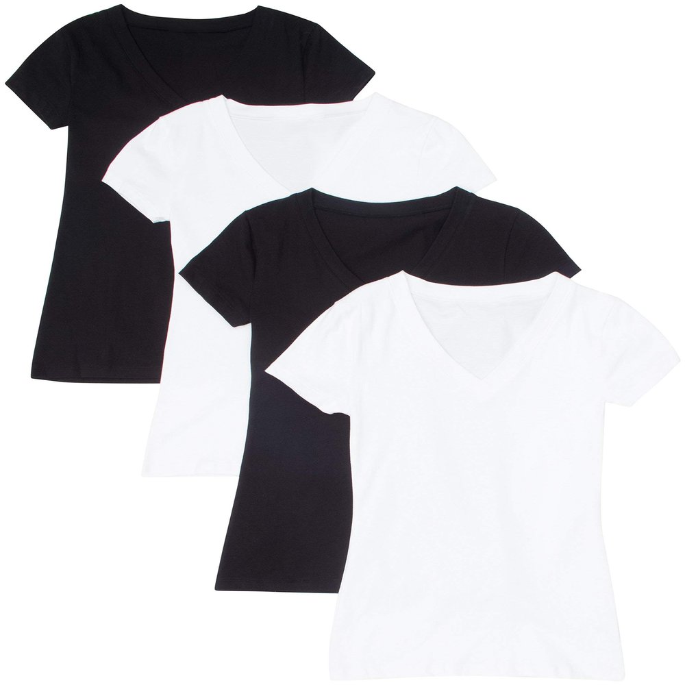 4 Pack Zenana Women's Basic V-Neck Tee X-Large Black, Black, Charcoal, H Gray