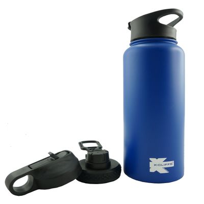 iHIM Vacuum Insulated Sport Water Bottle Flask Double Wall Stainless Steel Sports Flasks BPA Free 3 Lids Included Straw/Coffee/Sport Cap 40oz Blue