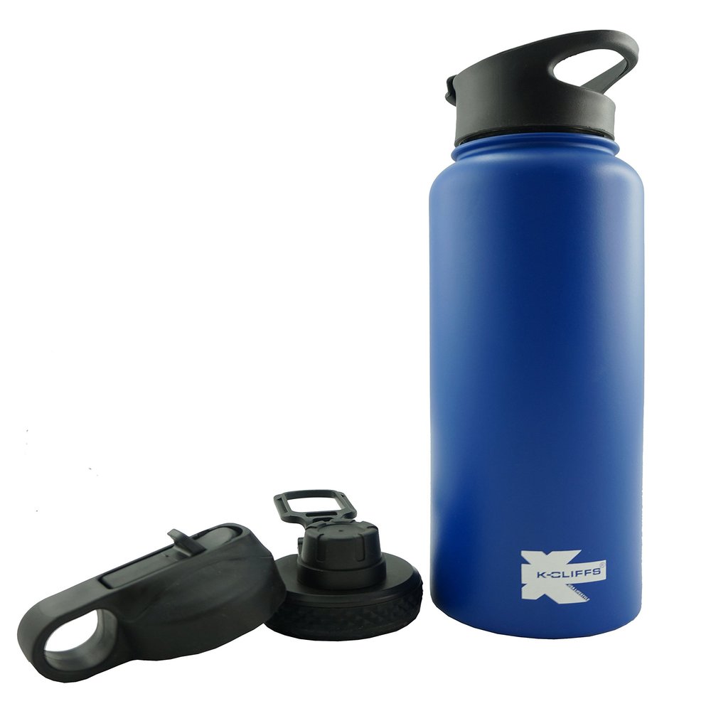iHIM Vacuum Insulated Sport Water Bottle Flask Double Wall Stainless Steel Sports Flasks BPA Free 3 Lids Included Straw/Coffee/Sport Cap 40oz Blue