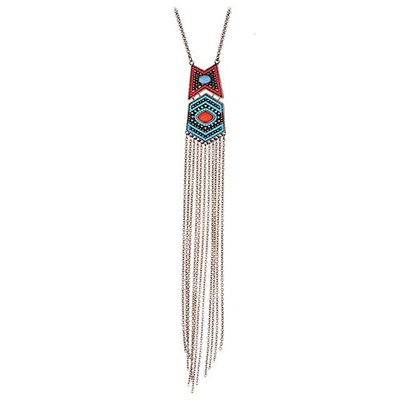Aster Moon Shop Antique Gold Silver Color Chain Ethnic Colorful Beads Long Tassel Pendant Necklace