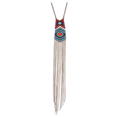 Aster Moon Shop Antique Gold Silver Color Chain Ethnic Colorful Beads Long Tassel Pendant Necklace