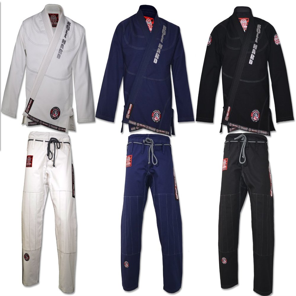 ROLL HARD Brand RIPSTOP LIGHT Brazilian Jiu Jitsu Kimonos - White, Blue & Black (Black, A3)