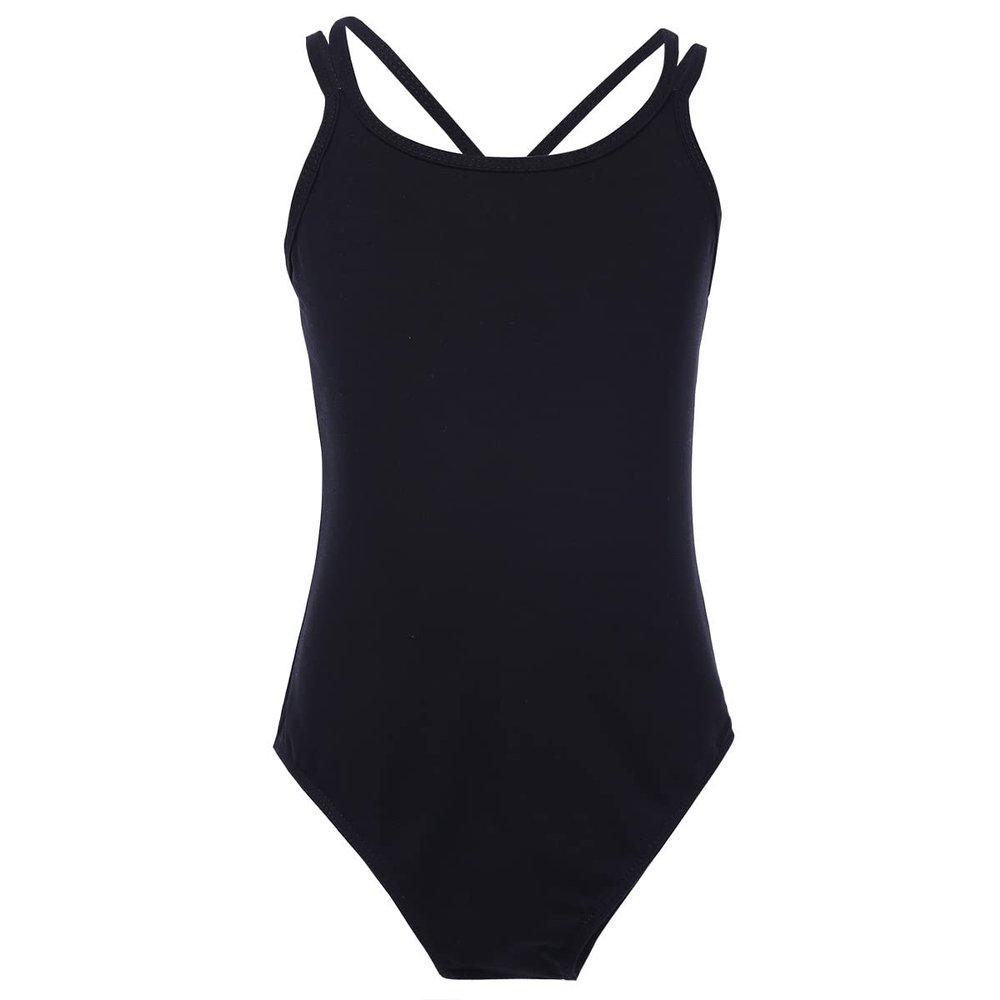 dPois Kids Girls' Double Strap Criss Cross Back Ballet Dance Leotard Gymnastics One-Piece Camisole Bodysuit Black 3-4 Years