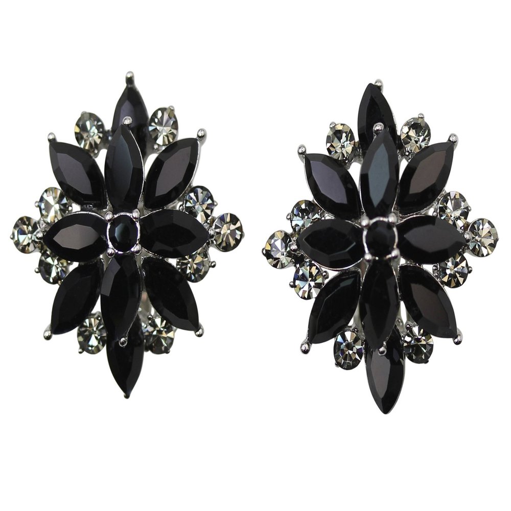 Faship Stunning Black Crystal Floral Clip On Style Earrings - Black