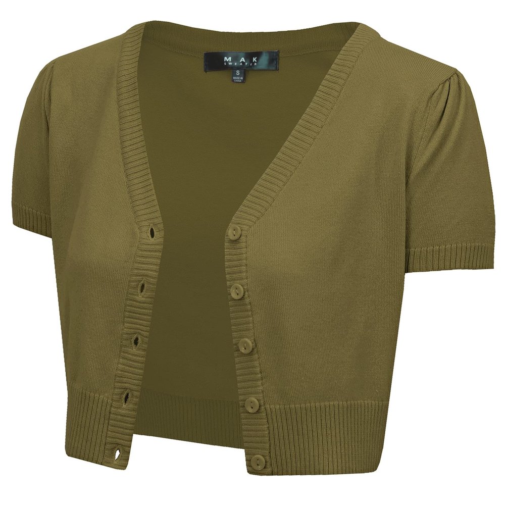 YEMAK Women's Cropped Bolero Cardigan Short Sleeve V-Neck Basic Classic Casual Button Down Knit Soft Sweater Knitted Top HB2137-OLV-S Olive