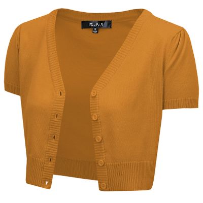 YEMAK Women's Cropped Bolero Cardigan  Short Sleeve V-Neck Basic Classic Casual Button Down Knit Soft Sweater Knitted Top HB2137-BRZ-M Bronze