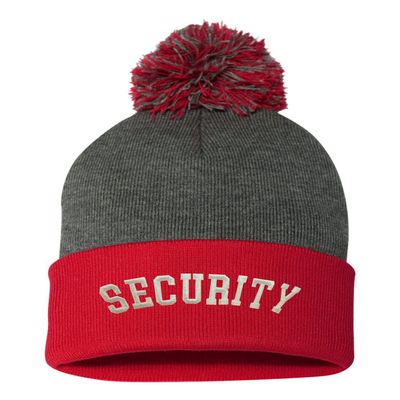 Go All Out One Size Dark Heather Grey/red Pom Security Embroidered Knit Beanie Pom Cap