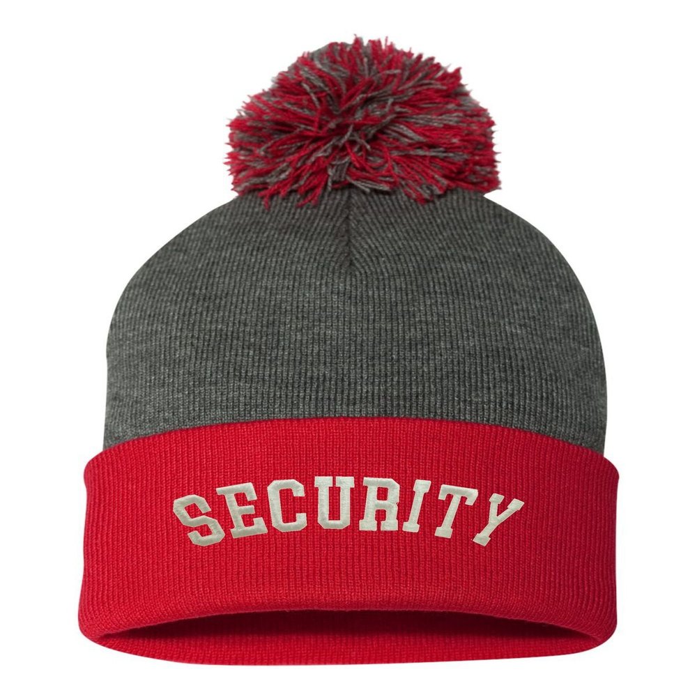 Go All Out One Size Dark Heather Grey/red Pom Security Embroidered Knit Beanie Pom Cap