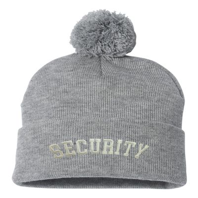 Go All Out One Size Heather Grey Pom Security Embroidered Knit Beanie Pom Cap
