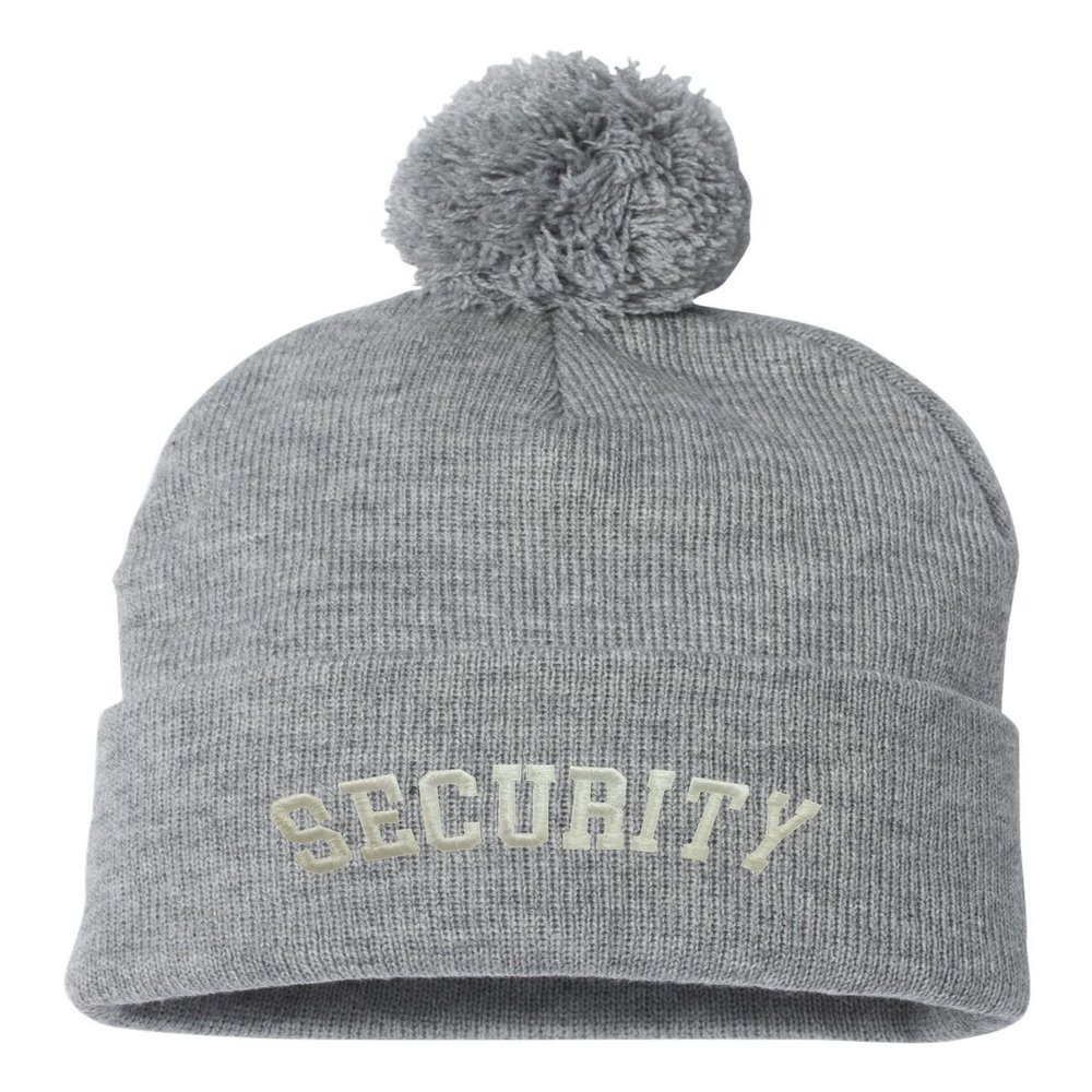 Go All Out One Size Heather Grey Pom Security Embroidered Knit Beanie Pom Cap