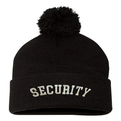 Go All Out One Size Black Pom Security Embroidered Knit Beanie Pom Cap