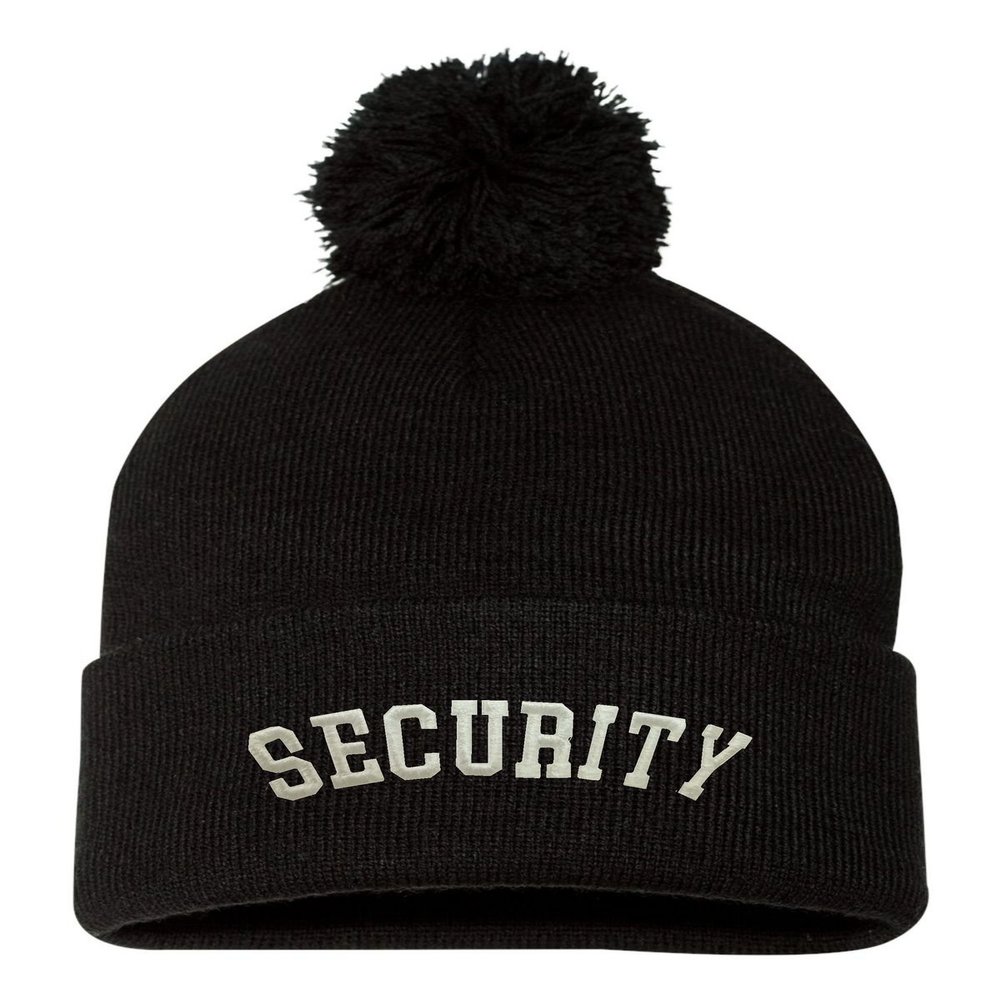 Go All Out One Size Black Pom Security Embroidered Knit Beanie Pom Cap