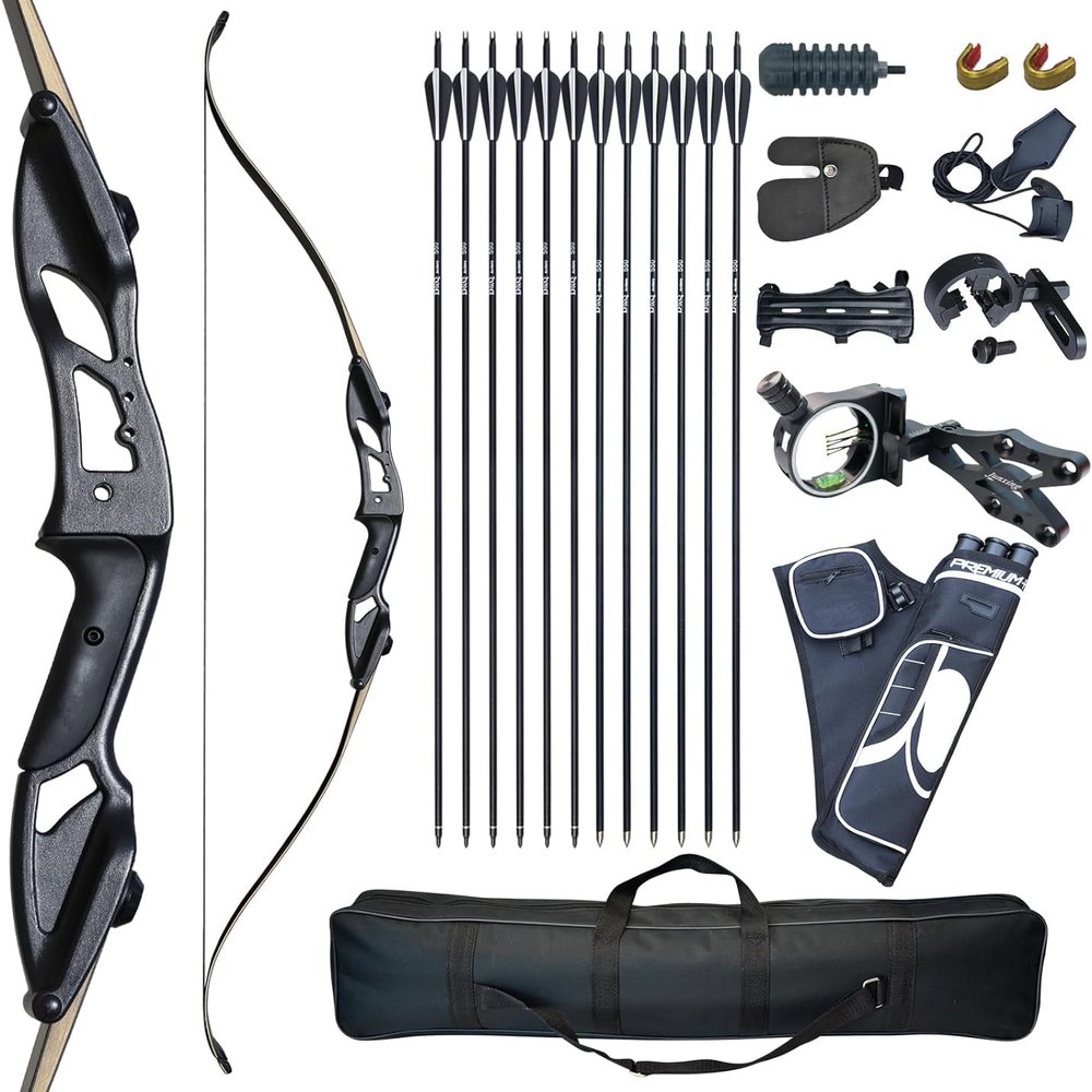 D&Q Recurve Bows for Adults Hunting Black Hunter Longbow Takedown 30-50lbs Bow and Arrow Set Right Handed Archery Archery with Bow Case Stringer Arrow Target Practice (Black 35lbs)