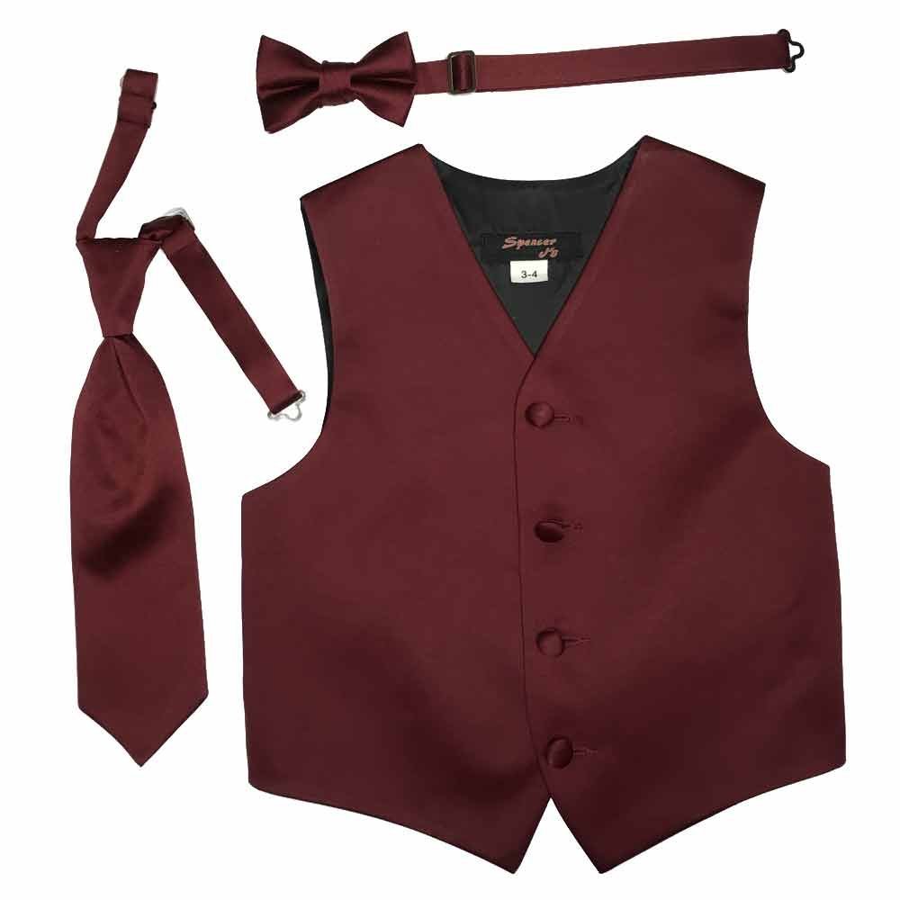 Spencer J's Boys Formal Tuxedo Vest Tie and Bowtie set Variety of Colors (3-4, Burgundy)